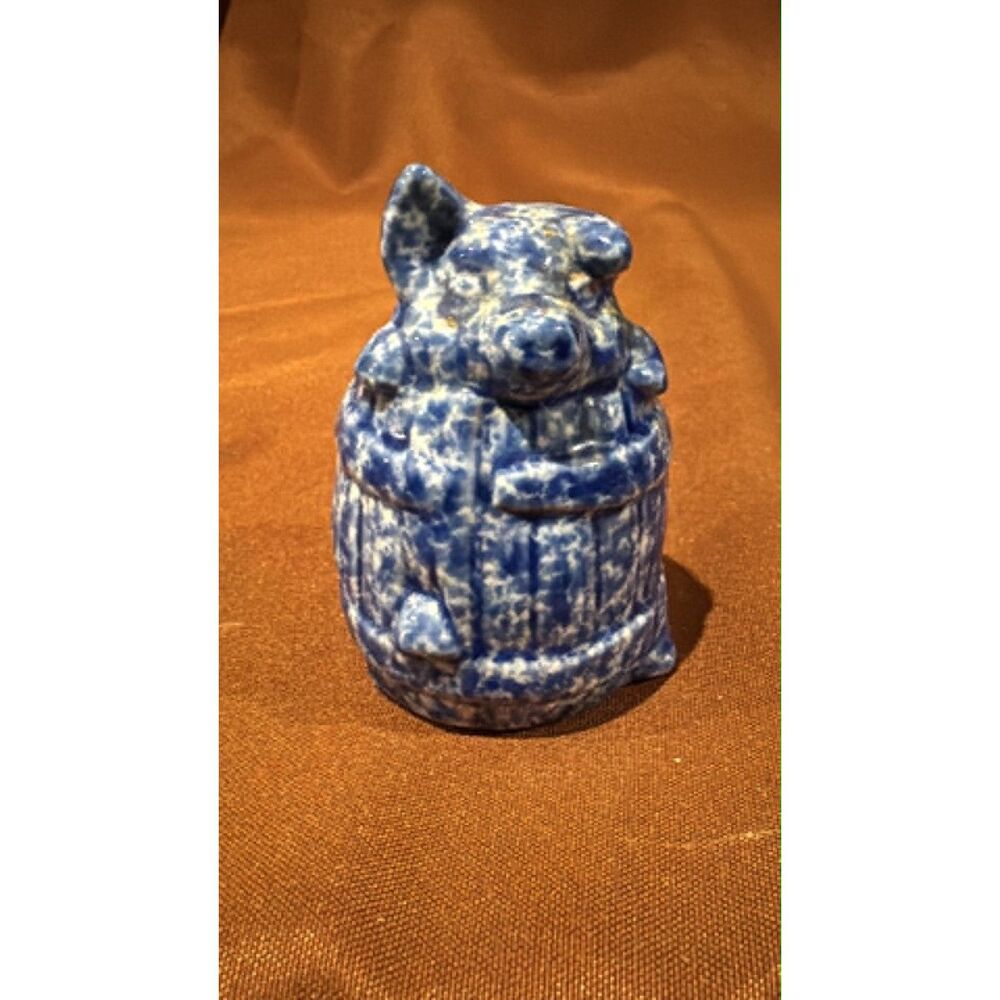 Vintage Blue Speckled Spongeware Ceramic Pig In A Barrel Enesco